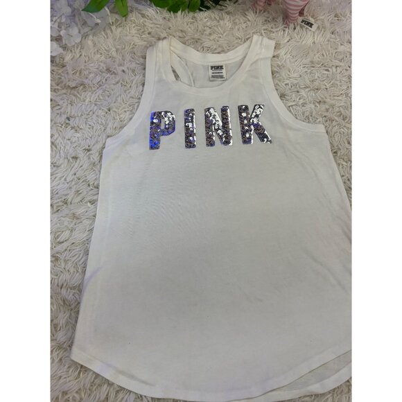 Victorias Secret Pink Silver Sequin Logo White Tank Top XS Glitter Sparkle - Picture 6 of 12